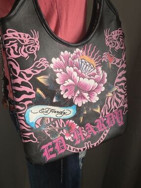 Ed Hardy Y2K Black Bag with Pink Flowers, Tigers and Blue Signature Banner